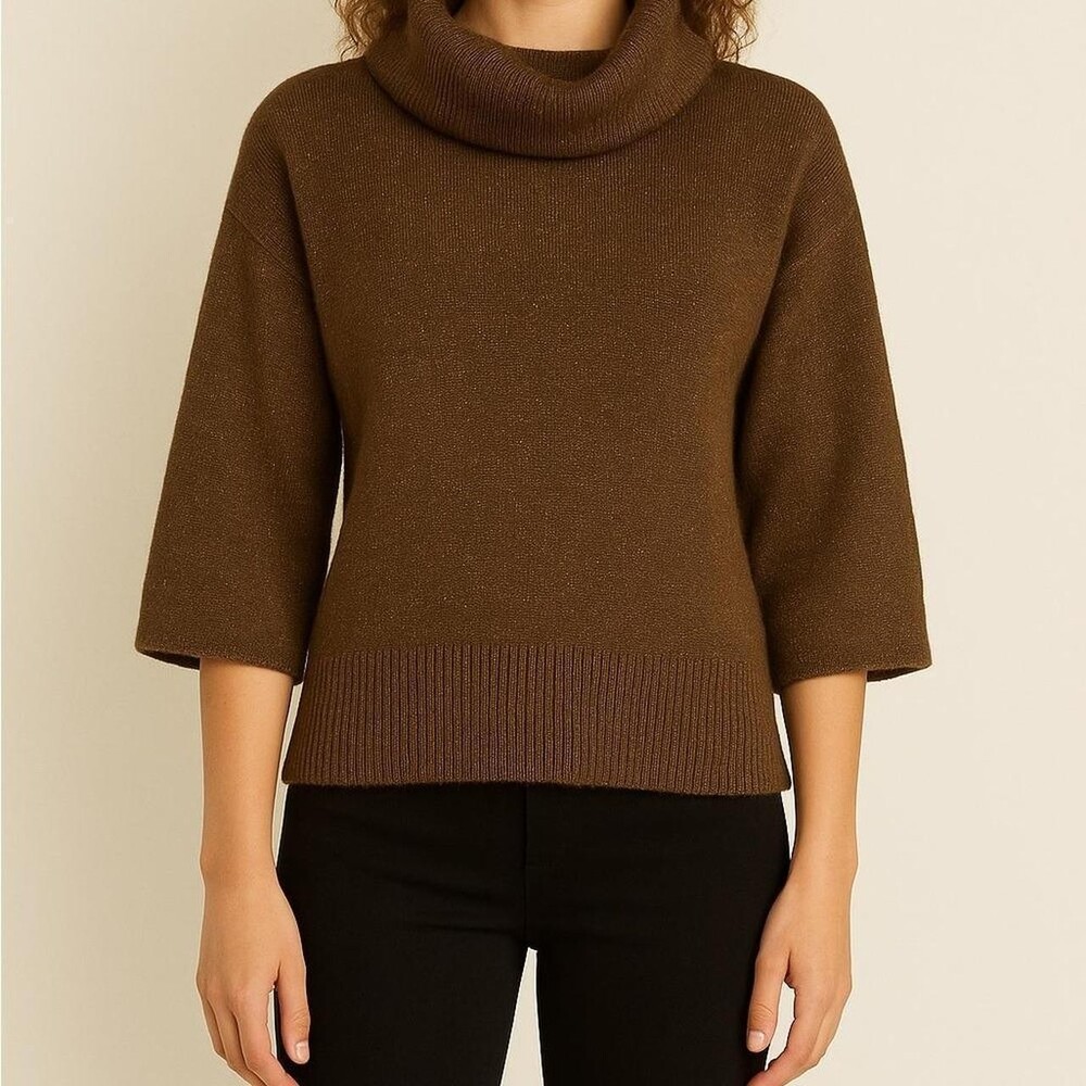 Anne Klein Brown Wool Blend 3/4 length sweater gold metallic detailing size M
